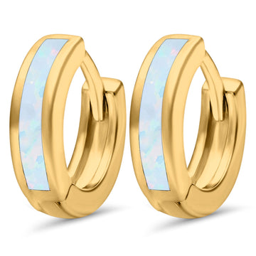 Hoop Huggie Earrings Yellow Tone, Lab Created White Opal 925 Sterling Silver (12mm)